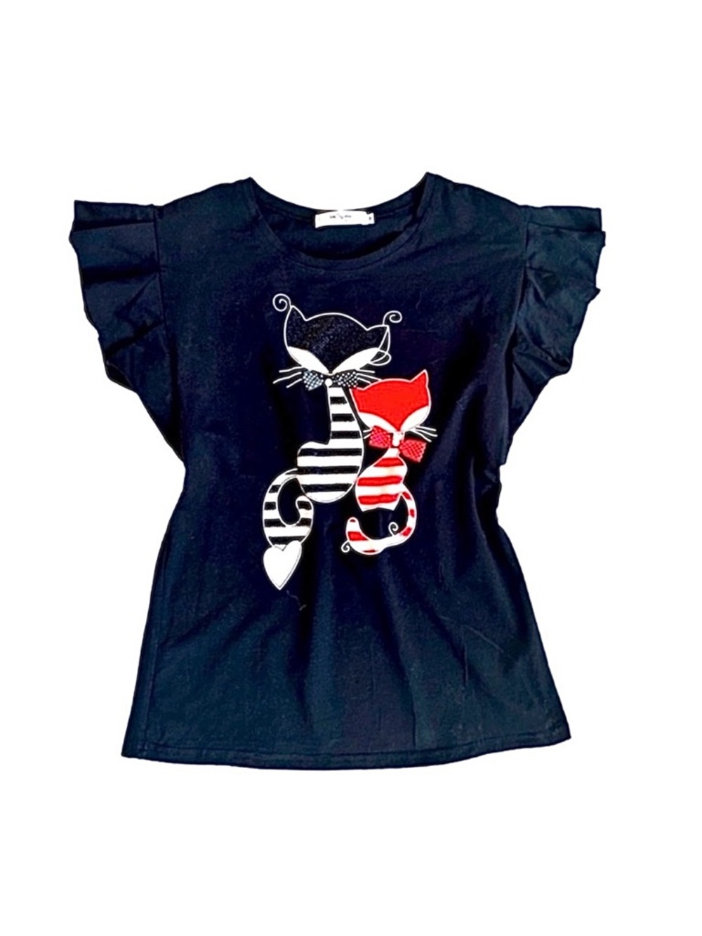 IN2YOU ~ Black Flutter Sleeve Rhinestone Cat Print Shirt size M